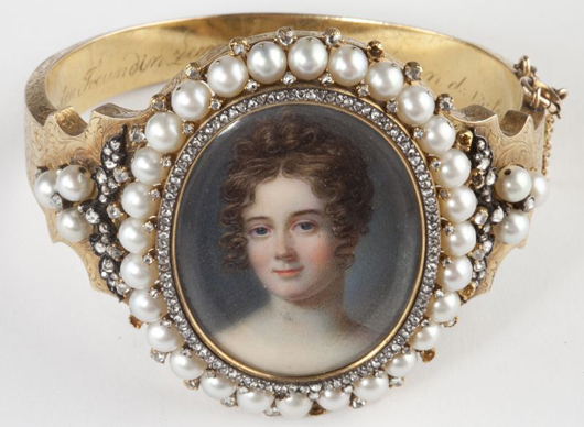 Victorian diamond and pearl bracelet with a pair of female period portraits on ivory, $4,600. Image courtesy Leland Little Auction & Estate Sales Ltd.